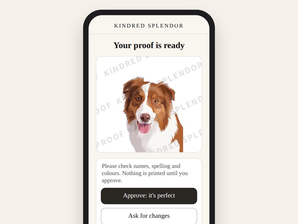 A phone showing a portrait proof with buttons to approve it or ask for changes