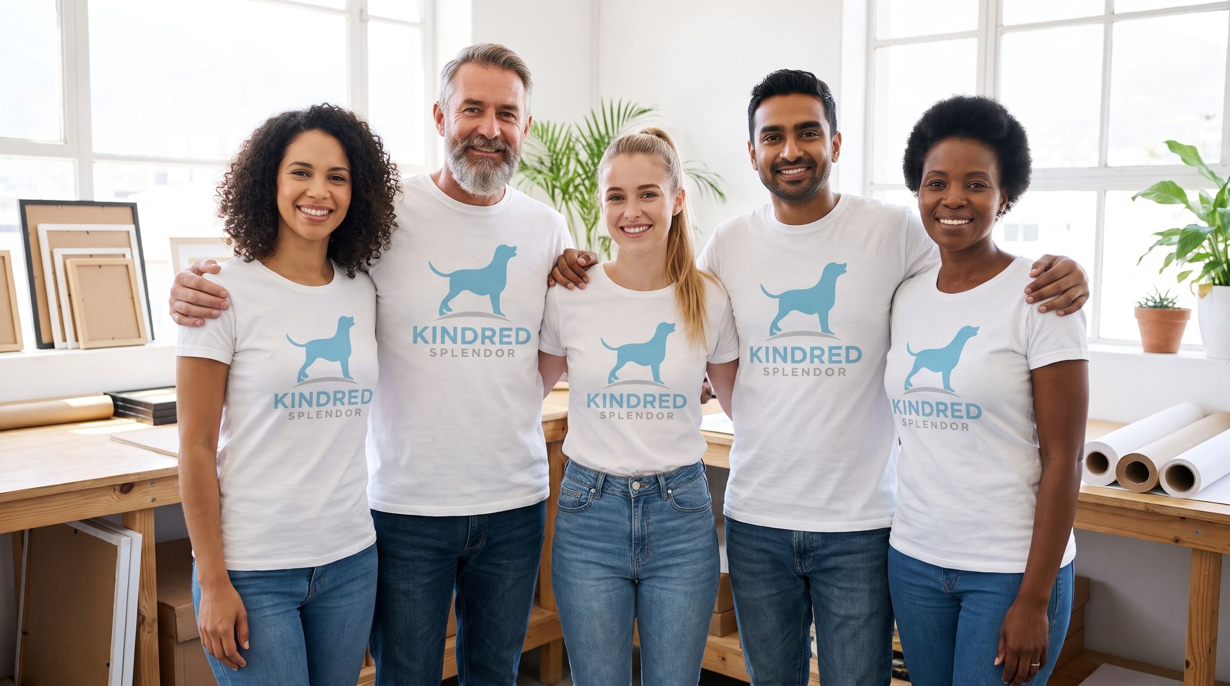 Five people smiling together in a bright workshop, all wearing white Kindred Splendor T-shirts